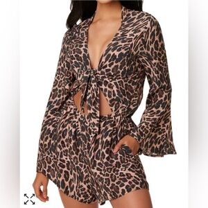 Bar lll l NWT Beach Cheetah Knot-Front Long-Sleeve Romper S resort wear cabin